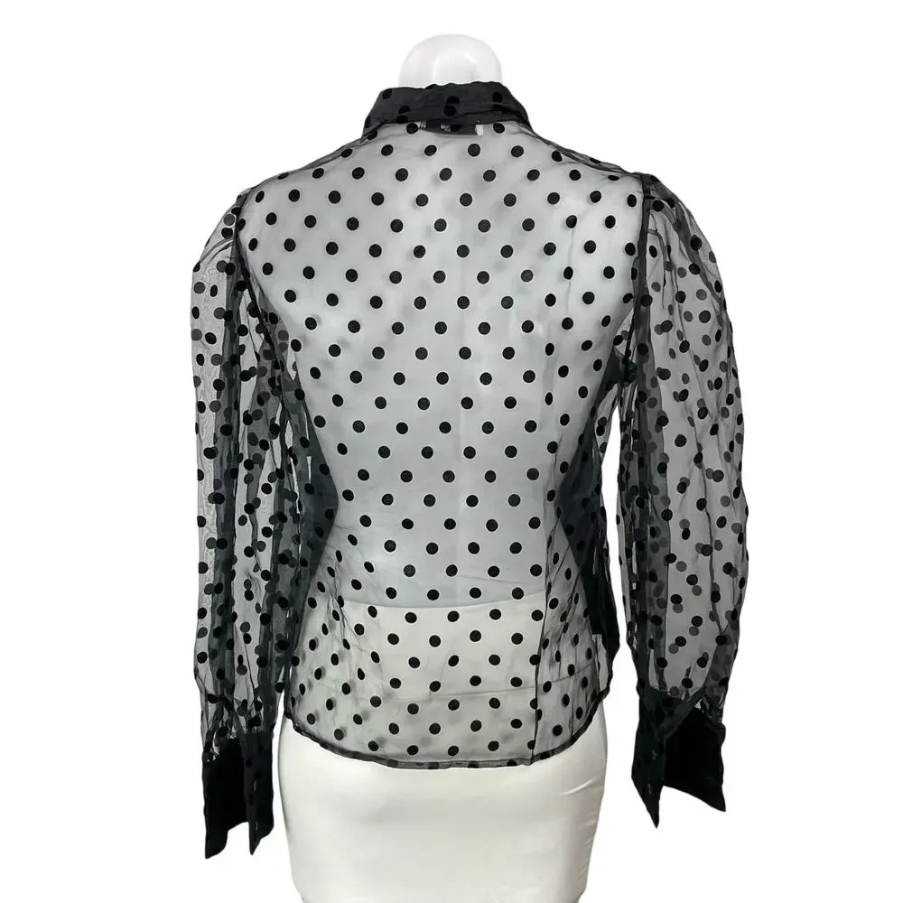 MNG Mango Black Polka Dot Mesh Sheer Long Sleeve Button Down Blouse Top Size S